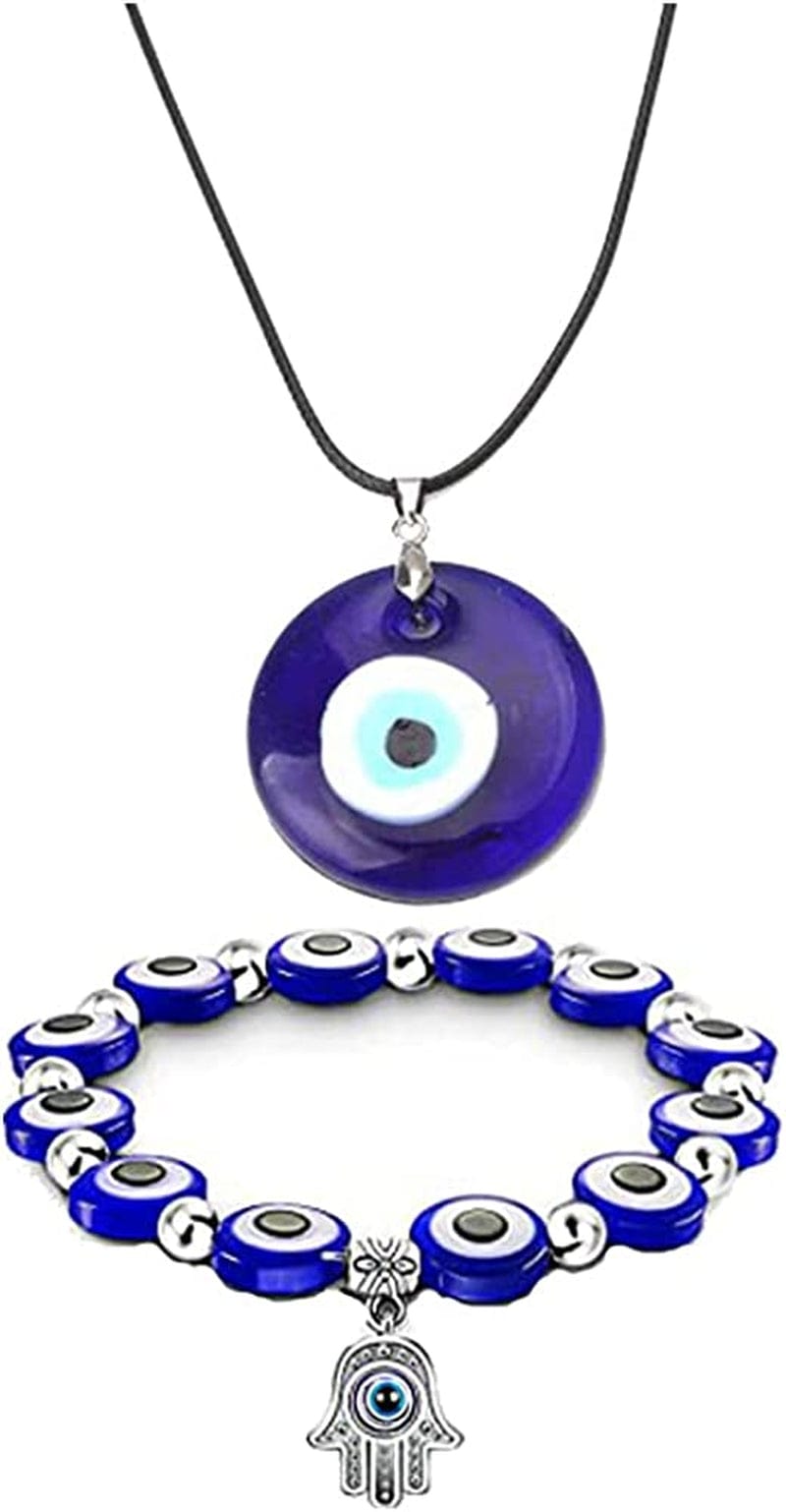 2/3/4 Pcs Blue Beads Evil Eyes Bracelet Hamsa Hand of Fatima Bracelet Glass Charm Evil Eye Leather Cord Necklace Protection Jewelry Set eye beaded