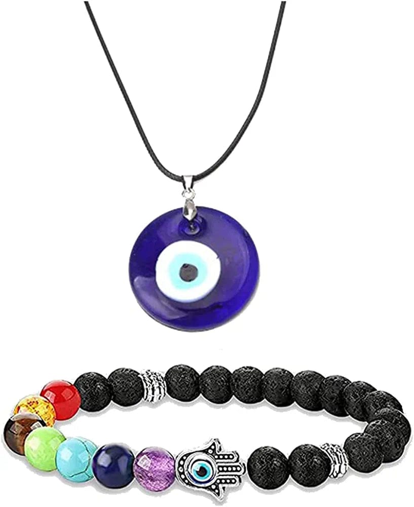 2/3/4 Pcs Blue Beads Evil Eyes Bracelet Hamsa Hand of Fatima Bracelet Glass Charm Evil Eye Leather Cord Necklace Protection Jewelry Set 7 Chakras