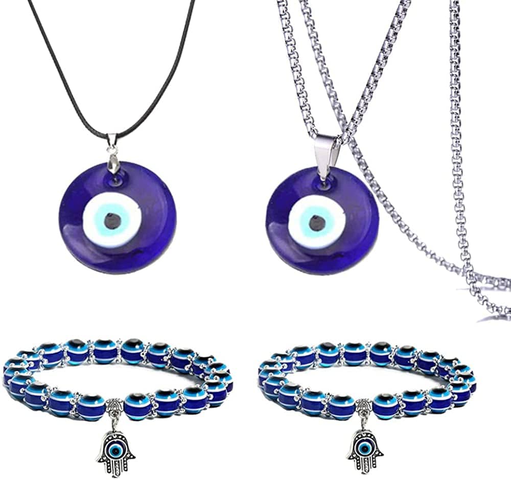 2/3/4 Pcs Blue Beads Evil Eyes Bracelet Hamsa Hand of Fatima Bracelet Glass Charm Evil Eye Leather Cord Necklace Protection Jewelry Set 4 pcs