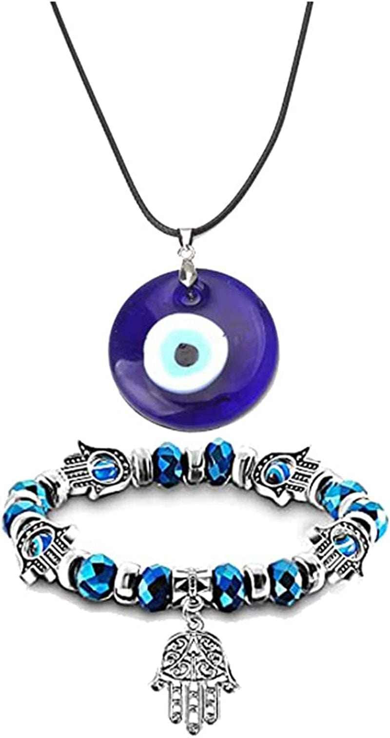 2/3/4 Pcs Blue Beads Evil Eyes Bracelet Hamsa Hand of Fatima Bracelet Glass Charm Evil Eye Leather Cord Necklace Protection Jewelry Set antique hand-2