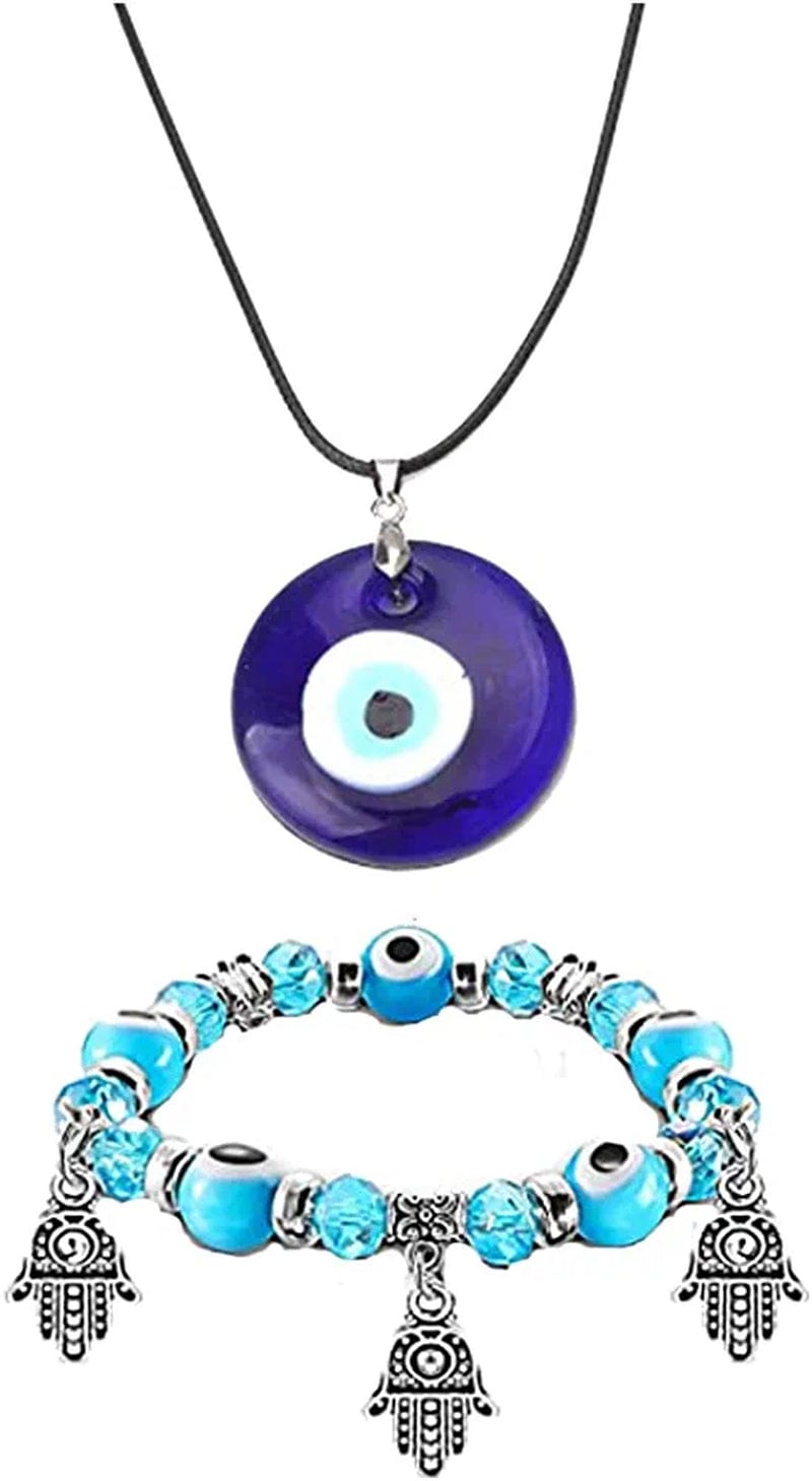2/3/4 Pcs Blue Beads Evil Eyes Bracelet Hamsa Hand of Fatima Bracelet Glass Charm Evil Eye Leather Cord Necklace Protection Jewelry Set Lake blue
