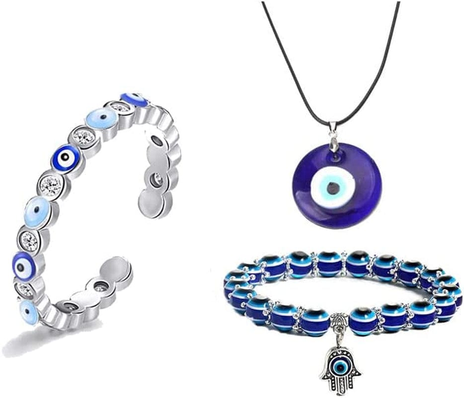 2/3/4 Pcs Blue Beads Evil Eyes Bracelet Hamsa Hand of Fatima Bracelet Glass Charm Evil Eye Leather Cord Necklace Protection Jewelry Set necklace+bracelet+blue/light blue ring
