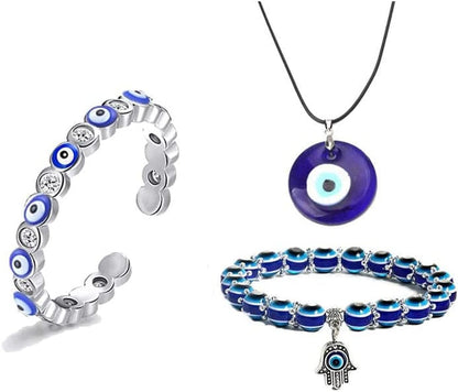 2/3/4 Pcs Blue Beads Evil Eyes Bracelet Hamsa Hand of Fatima Bracelet Glass Charm Evil Eye Leather Cord Necklace Protection Jewelry Set necklace+bracelet+blue ring
