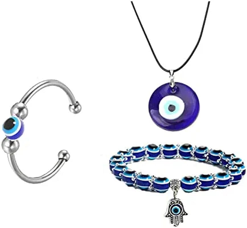 2/3/4 Pcs Blue Beads Evil Eyes Bracelet Hamsa Hand of Fatima Bracelet Glass Charm Evil Eye Leather Cord Necklace Protection Jewelry Set necklace+bracelet+anxiety ring