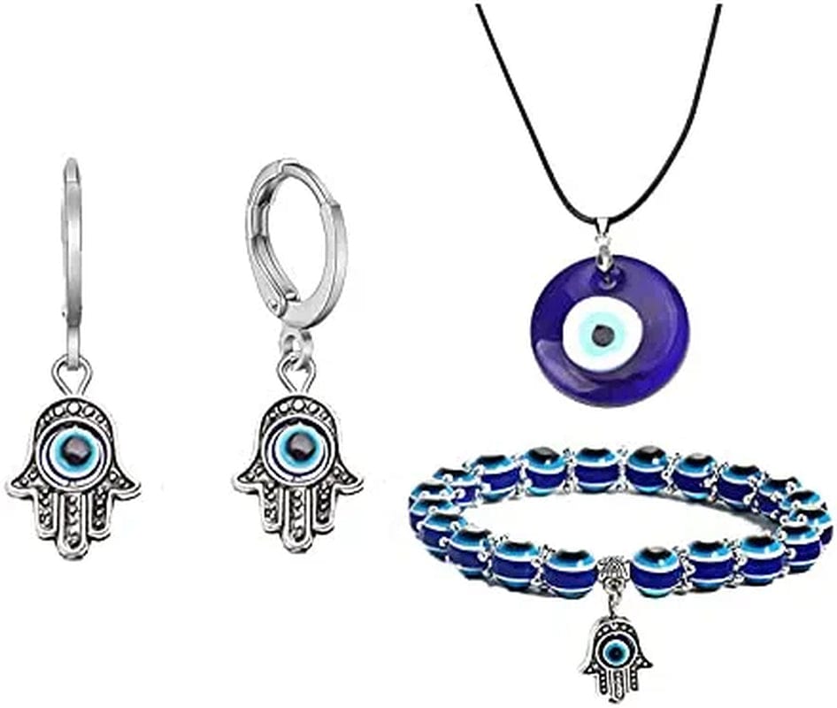 2/3/4 Pcs Blue Beads Evil Eyes Bracelet Hamsa Hand of Fatima Bracelet Glass Charm Evil Eye Leather Cord Necklace Protection Jewelry Set necklace+bracelet+earrings
