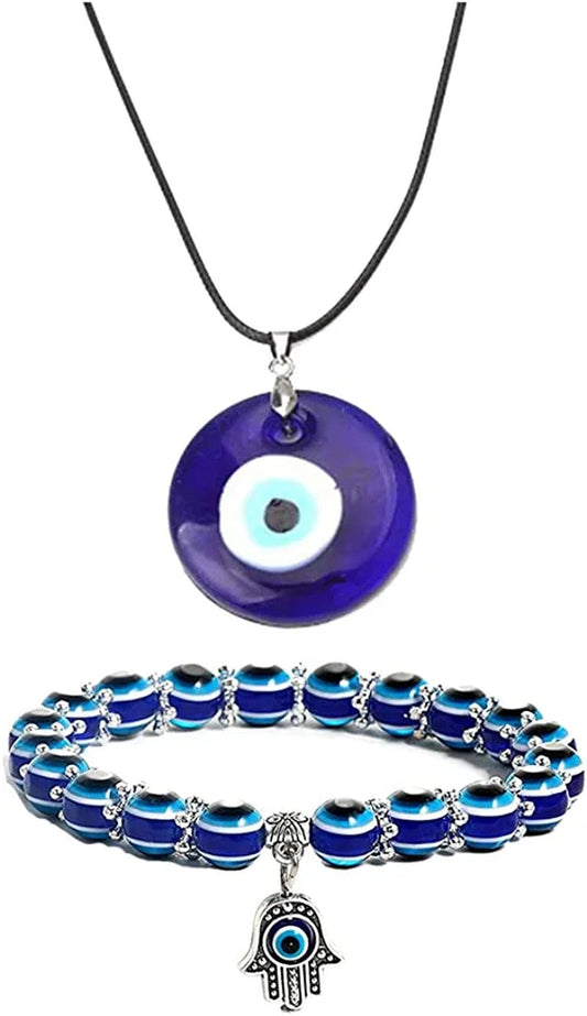 2/3/4 Pcs Blue Beads Evil Eyes Bracelet Hamsa Hand of Fatima Bracelet Glass Charm Evil Eye Leather Cord Necklace Protection Jewelry Set 30mm eye charm