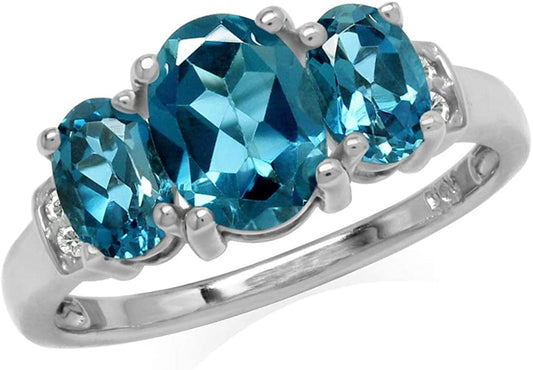 2.6Ct. 3 Stone Genuine Oval Shape London Blue Topaz White Gold Plated 925 Sterling Silver Ring 11