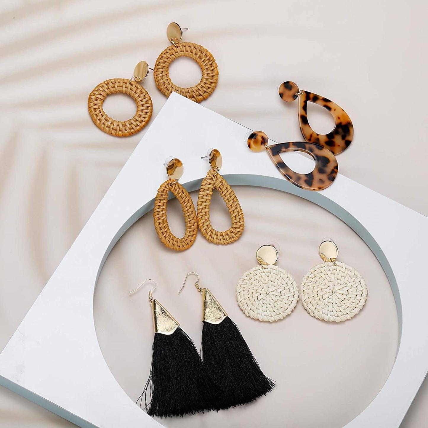 2-9 Pairs Rattan Earrings Tassel Earrings for Women Girls Lightweight Acrylic Geometric Statement Woven Bohemian Earrings Handmade Straw Wicker Braid Hoop Drop Dangle Earrings