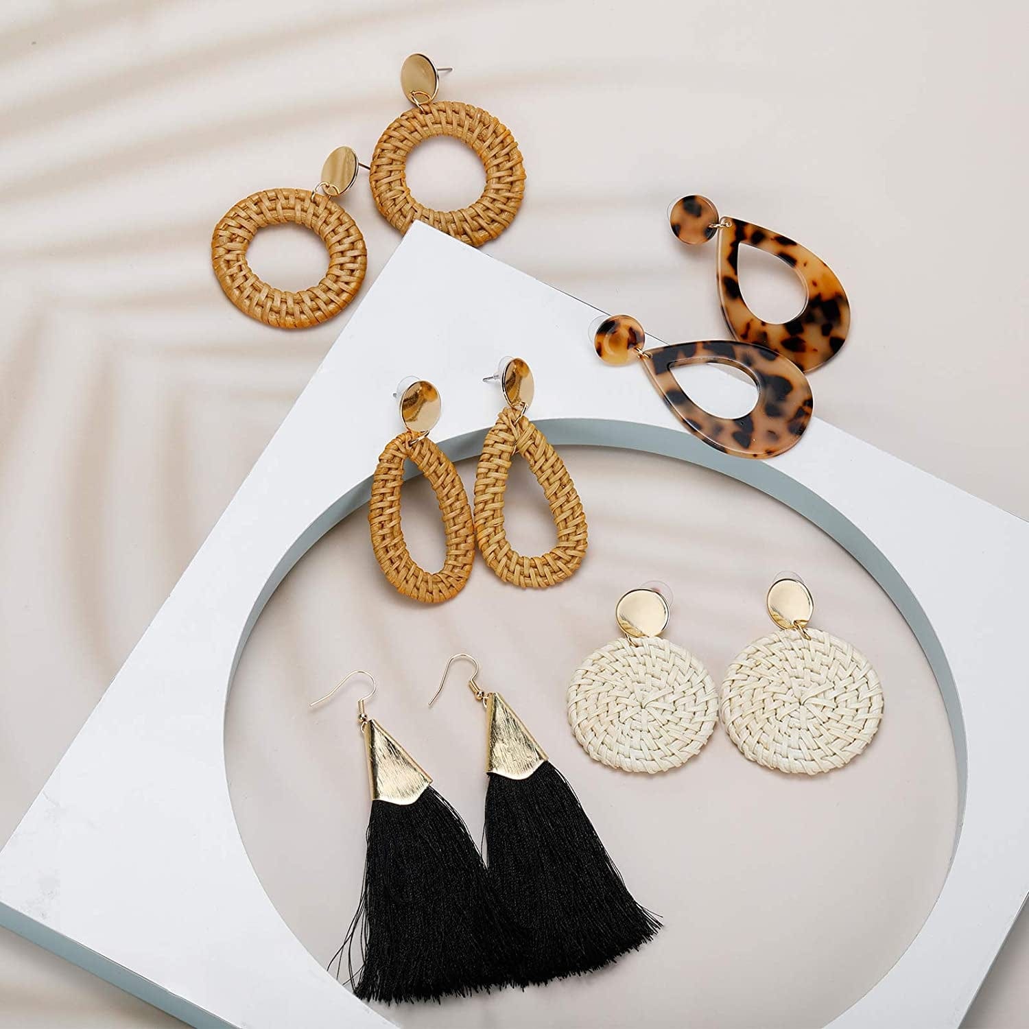 2-9 Pairs Rattan Earrings Tassel Earrings for Women Girls Lightweight Acrylic Geometric Statement Woven Bohemian Earrings Handmade Straw Wicker Braid Hoop Drop Dangle Earrings