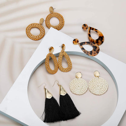 2-9 Pairs Rattan Earrings Tassel Earrings for Women Girls Lightweight Acrylic Geometric Statement Woven Bohemian Earrings Handmade Straw Wicker Braid Hoop Drop Dangle Earrings