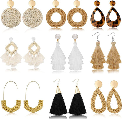 2-9 Pairs Rattan Earrings Tassel Earrings for Women Girls Lightweight Acrylic Geometric Statement Woven Bohemian Earrings Handmade Straw Wicker Braid Hoop Drop Dangle Earrings A