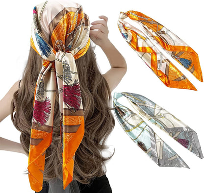 2 Pack 35" Satin Silk like Hair Scarf Bandana Light Head Wraps Neck Face Scarves Cover for Women Apparel & Accessories > Clothing Accessories > Bandanas & Headties woogwin 2pcs Chain1 Grey+orange  