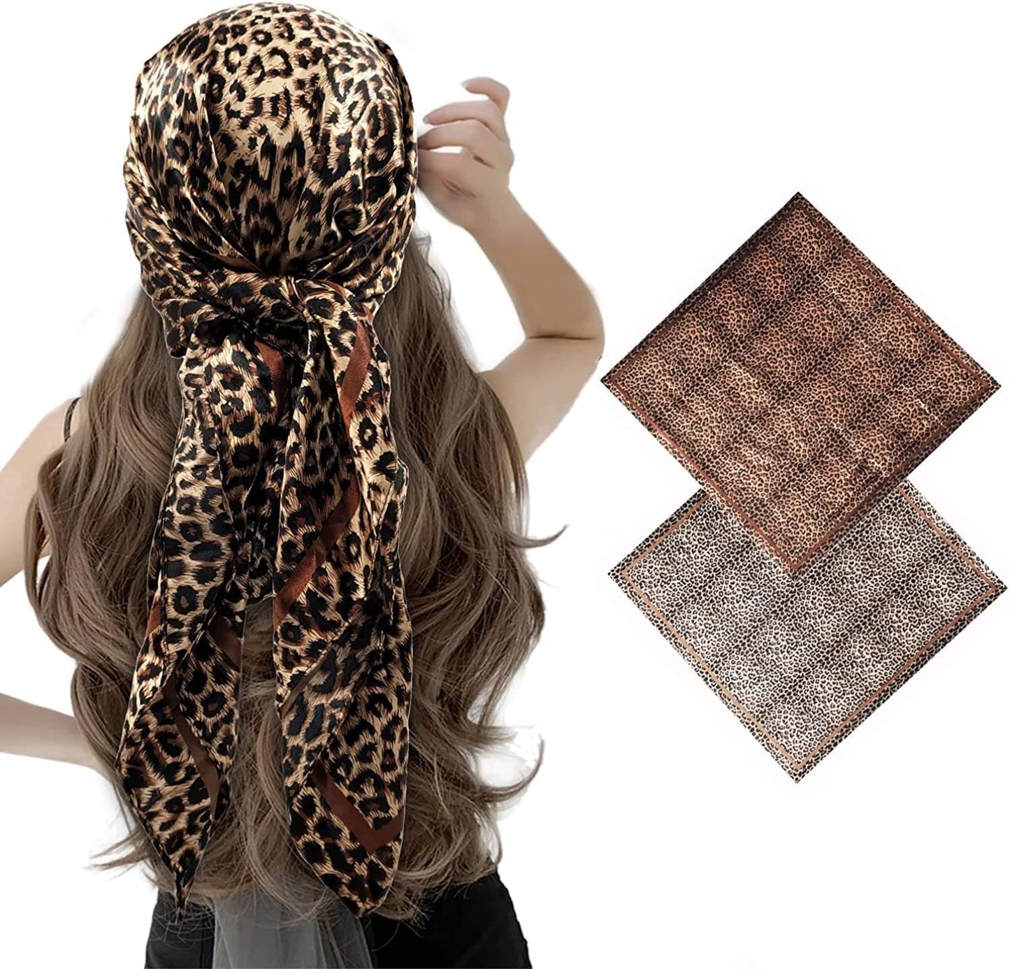 2 Pack 35" Satin Silk like Hair Scarf Bandana Light Head Wraps Neck Face Scarves Cover for Women Apparel & Accessories > Clothing Accessories > Bandanas & Headties woogwin 2pcs Leopard Coffee  