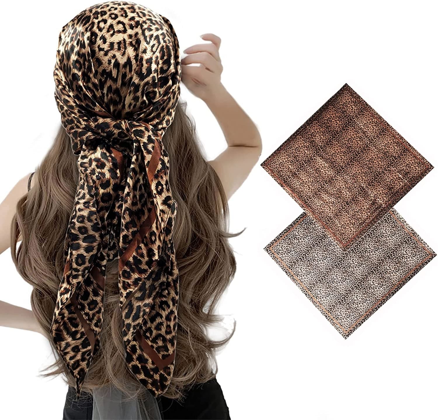 2 Pack 35" Satin Silk like Hair Scarf Bandana Light Head Wraps Neck Face Scarves Cover for Women Apparel & Accessories > Clothing Accessories > Bandanas & Headties woogwin 2pcs Leopard Coffee  