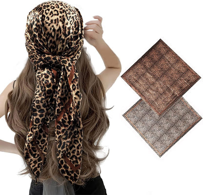 2 Pack 35" Satin Silk like Hair Scarf Bandana Light Head Wraps Neck Face Scarves Cover for Women Apparel & Accessories > Clothing Accessories > Bandanas & Headties woogwin 2pcs Leopard Coffee  
