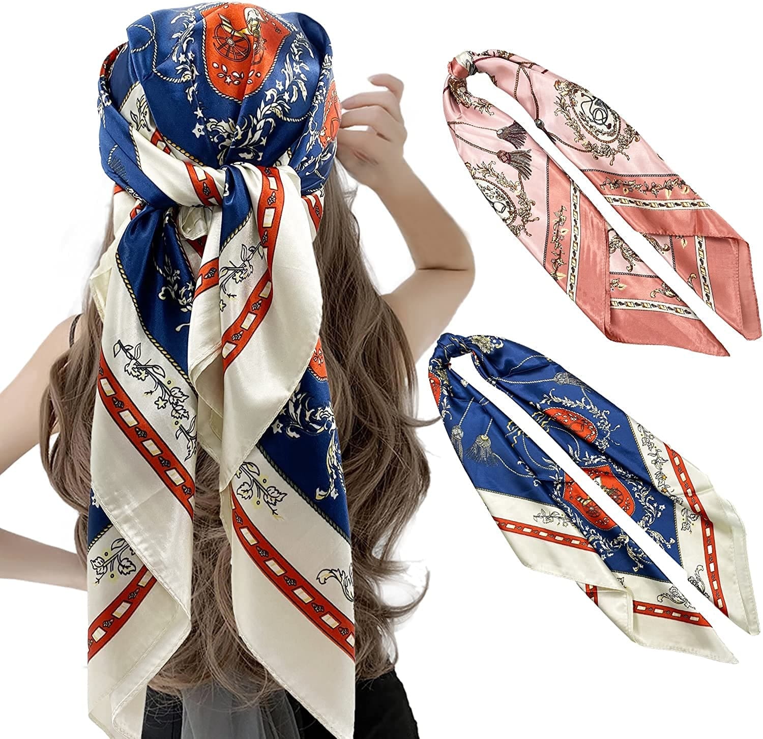 2 Pack 35" Satin Silk like Hair Scarf Bandana Light Head Wraps Neck Face Scarves Cover for Women Apparel & Accessories > Clothing Accessories > Bandanas & Headties woogwin 2pcs D159 Pink+camel  