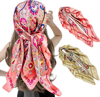 2 Pack 35" Satin Silk like Hair Scarf Bandana Light Head Wraps Neck Face Scarves Cover for Women Apparel & Accessories > Clothing Accessories > Bandanas & Headties woogwin 2pcs Flower Pink+khaki  