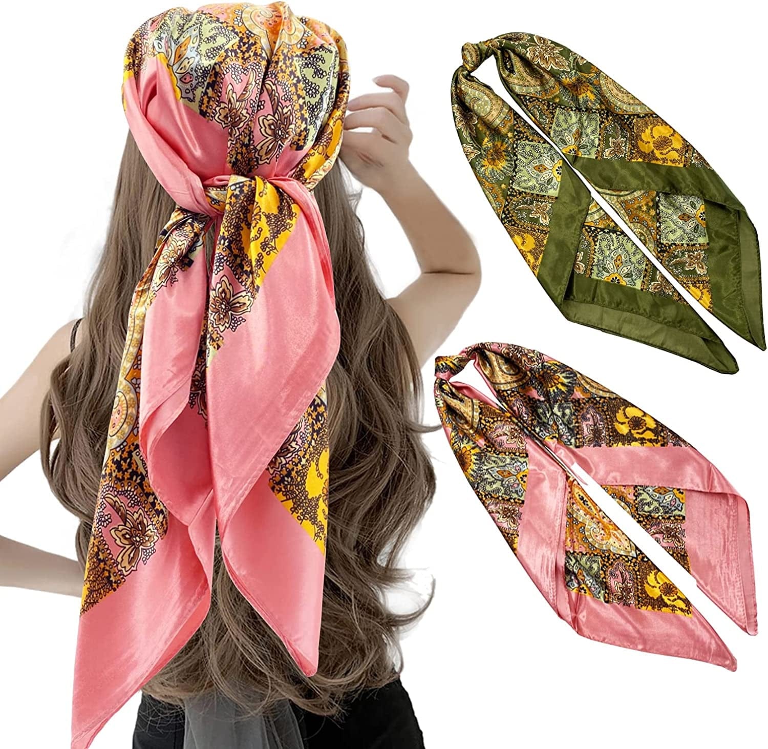 2 Pack 35" Satin Silk like Hair Scarf Bandana Light Head Wraps Neck Face Scarves Cover for Women Apparel & Accessories > Clothing Accessories > Bandanas & Headties woogwin 2pcs Paisley6 Pink+armygreen  
