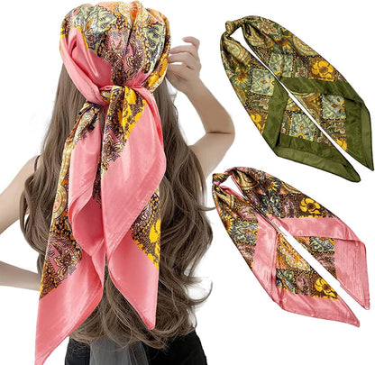 2 Pack 35" Satin Silk like Hair Scarf Bandana Light Head Wraps Neck Face Scarves Cover for Women Apparel & Accessories > Clothing Accessories > Bandanas & Headties woogwin 2pcs Paisley6 Pink+armygreen  