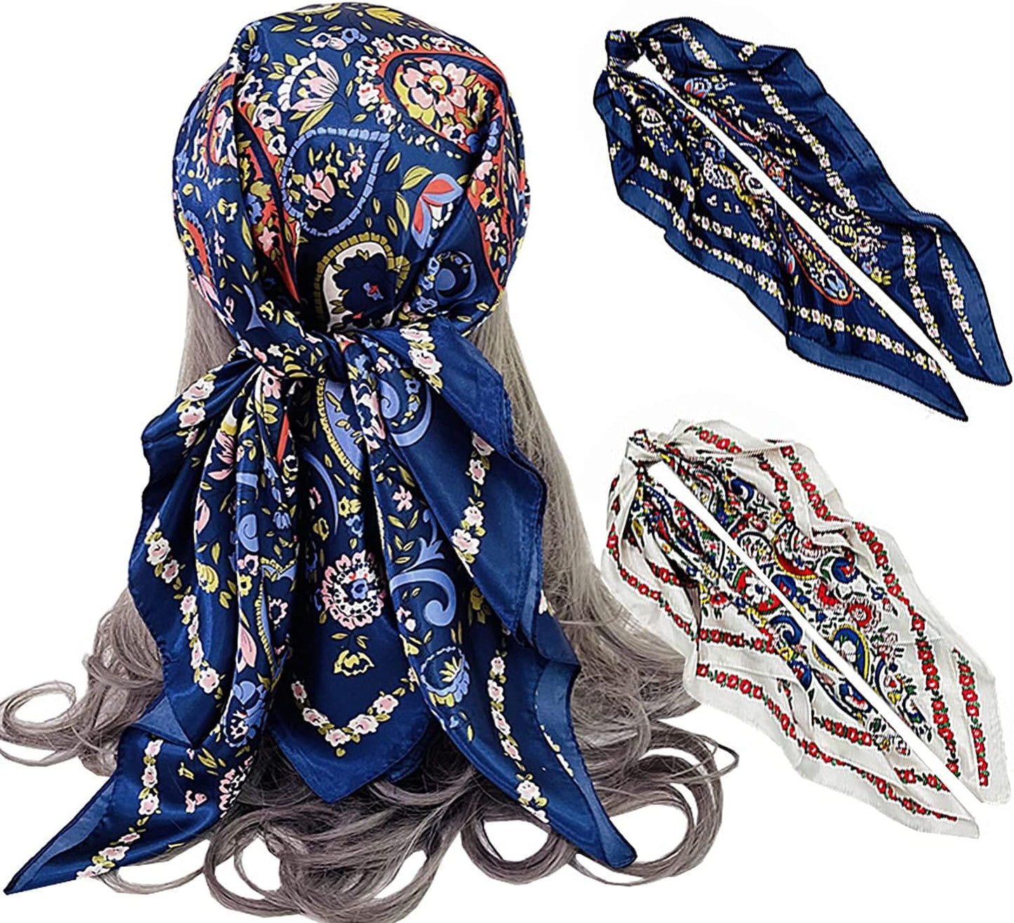 2 Pack 35" Satin Silk like Hair Scarf Bandana Light Head Wraps Neck Face Scarves Cover for Women Apparel & Accessories > Clothing Accessories > Bandanas & Headties woogwin 2pcs Flower Navy+white  