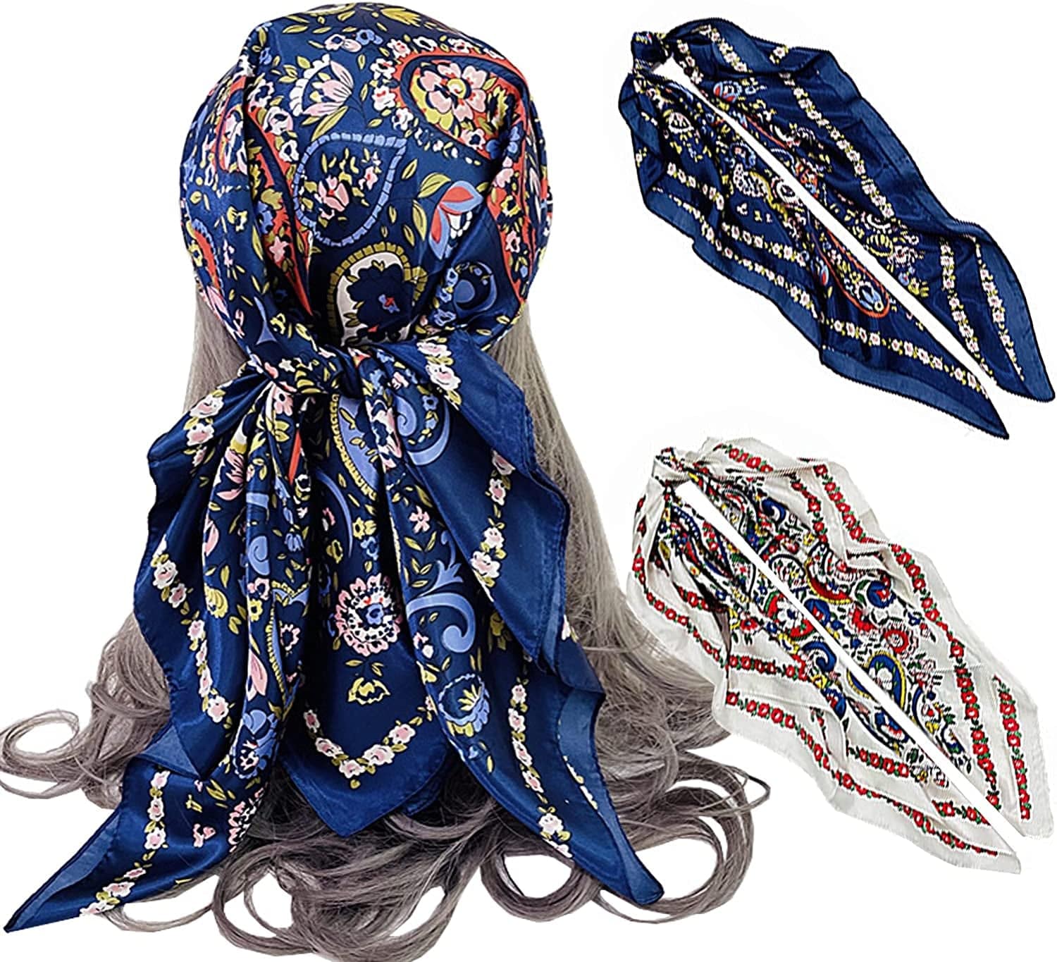 2 Pack 35" Satin Silk like Hair Scarf Bandana Light Head Wraps Neck Face Scarves Cover for Women Apparel & Accessories > Clothing Accessories > Bandanas & Headties woogwin 2pcs Flower Navy+white  