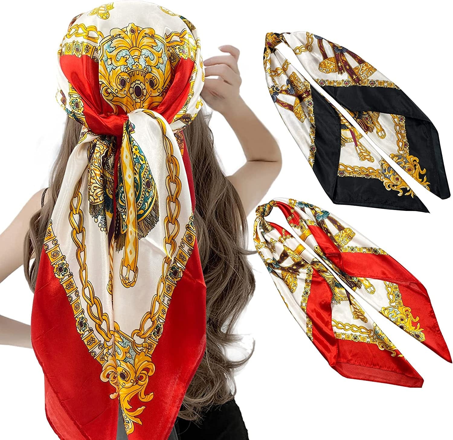 2 Pack 35" Satin Silk like Hair Scarf Bandana Light Head Wraps Neck Face Scarves Cover for Women Apparel & Accessories > Clothing Accessories > Bandanas & Headties woogwin 2pcs Chain3 Black+red  