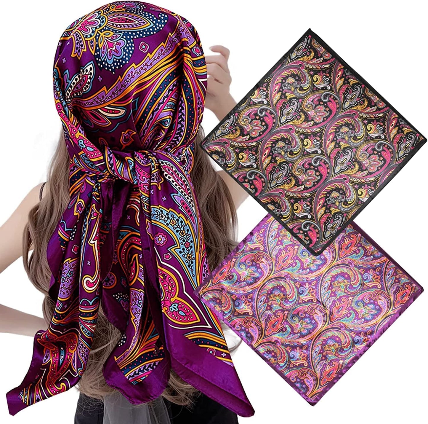 2 Pack 35" Satin Silk like Hair Scarf Bandana Light Head Wraps Neck Face Scarves Cover for Women Apparel & Accessories > Clothing Accessories > Bandanas & Headties woogwin 2pcs Paisley4 Black+purple  