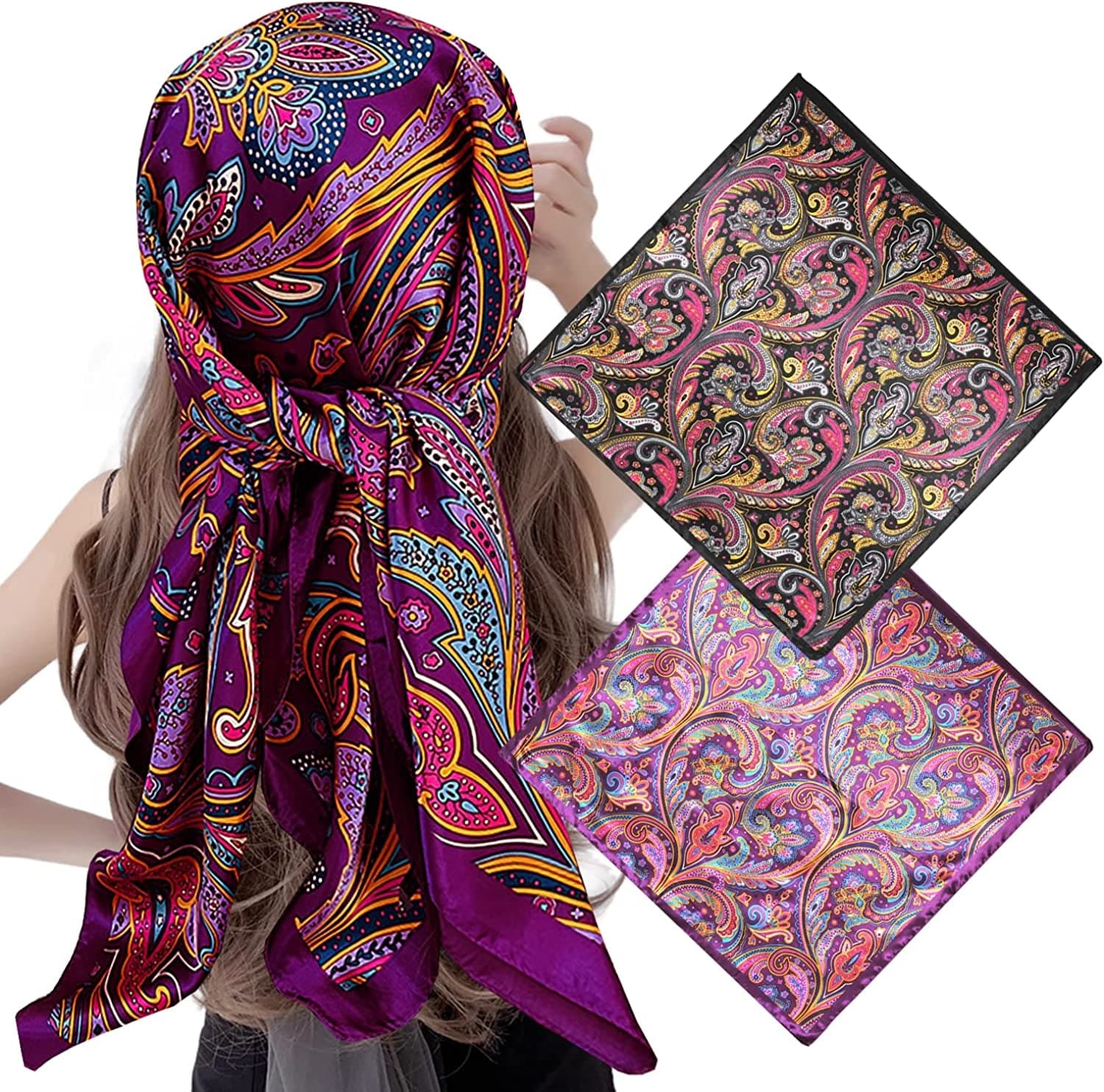 2 Pack 35" Satin Silk like Hair Scarf Bandana Light Head Wraps Neck Face Scarves Cover for Women Apparel & Accessories > Clothing Accessories > Bandanas & Headties woogwin 2pcs Paisley4 Black+purple  