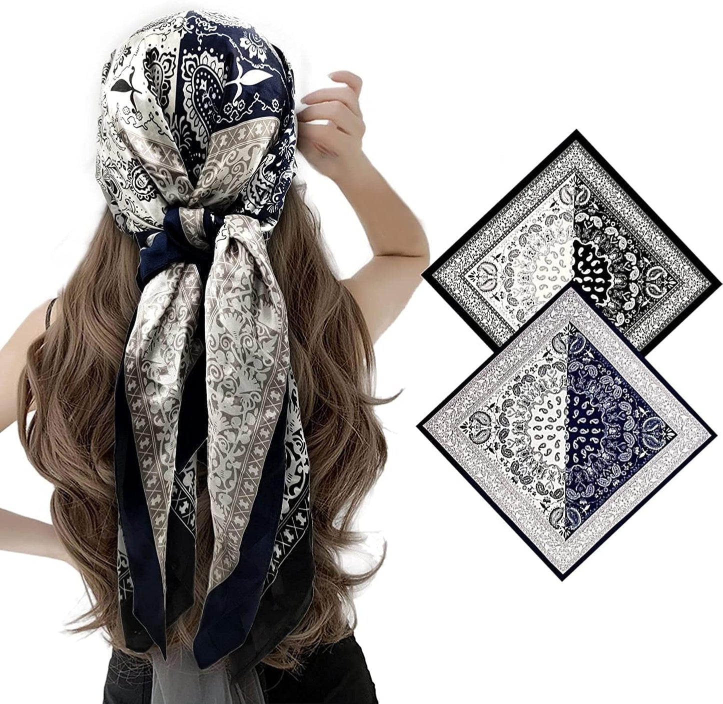 2 Pack 35" Satin Silk like Hair Scarf Bandana Light Head Wraps Neck Face Scarves Cover for Women Apparel & Accessories > Clothing Accessories > Bandanas & Headties woogwin 2pcs Paisley2 Black+navy  