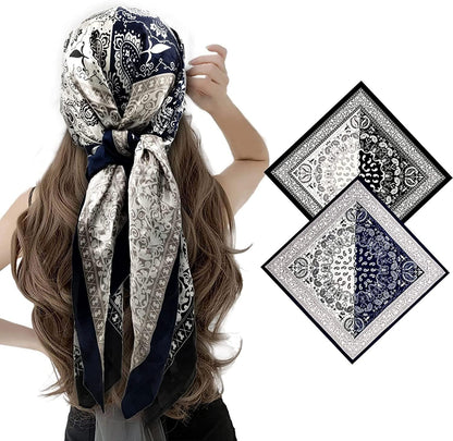 2 Pack 35" Satin Silk like Hair Scarf Bandana Light Head Wraps Neck Face Scarves Cover for Women Apparel & Accessories > Clothing Accessories > Bandanas & Headties woogwin 2pcs Paisley2 Black+navy  