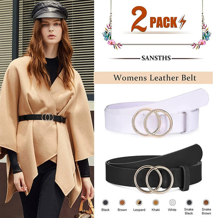 2 Pack Women Leather Belts Faux Leather Jeans Belt with Double O-Ring Buckle Size up to 53 Inch Apparel & Accessories > Clothing Accessories > Belts SANSTHS   