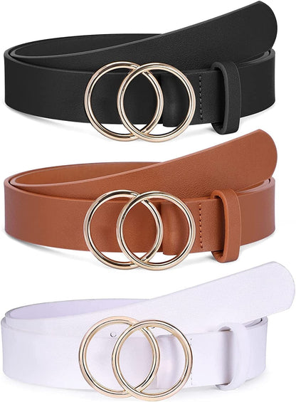 2 Pack Women Leather Belts Faux Leather Jeans Belt with Double O-Ring Buckle Size up to 53 Inch Apparel & Accessories > Clothing Accessories > Belts SANSTHS K-(black +Brown + White) 3 Pack Suit waistline 29"-35" 