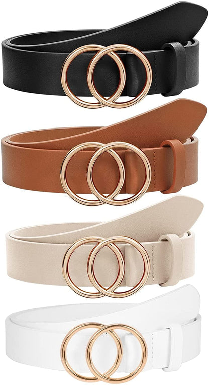 2 Pack Women Leather Belts Faux Leather Jeans Belt with Double O-Ring Buckle Size up to 53 Inch Apparel & Accessories > Clothing Accessories > Belts SANSTHS R-4 Pack(black+brown+beige+white) Suit waistline 51"-54" 
