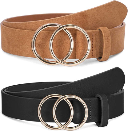 2 Pack Women Leather Belts Faux Leather Jeans Belt with Double O-Ring Buckle Size up to 53 Inch Apparel & Accessories > Clothing Accessories > Belts SANSTHS I-black+khaki Suit waistline 41"-45" 