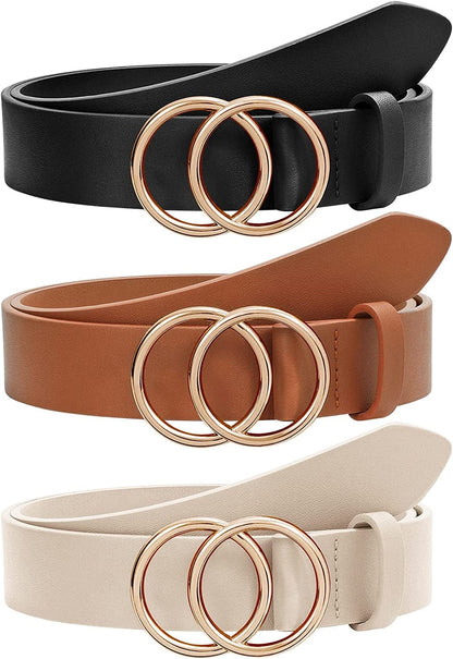 2 Pack Women Leather Belts Faux Leather Jeans Belt with Double O-Ring Buckle Size up to 53 Inch Apparel & Accessories > Clothing Accessories > Belts SANSTHS B-(black +Brown + Beige) 3 Pack Suit waistline 46"-50" 