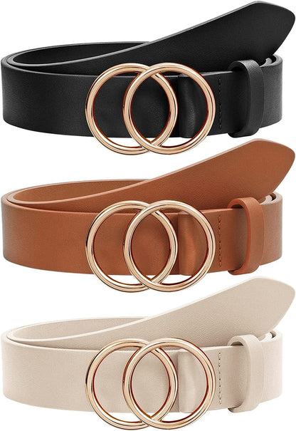 2 Pack Women Leather Belts Faux Leather Jeans Belt with Double O-Ring Buckle Size up to 53 Inch Apparel & Accessories > Clothing Accessories > Belts SANSTHS T-3 Pack(black +Brown + Beige) Suit waistline 51"-54" 