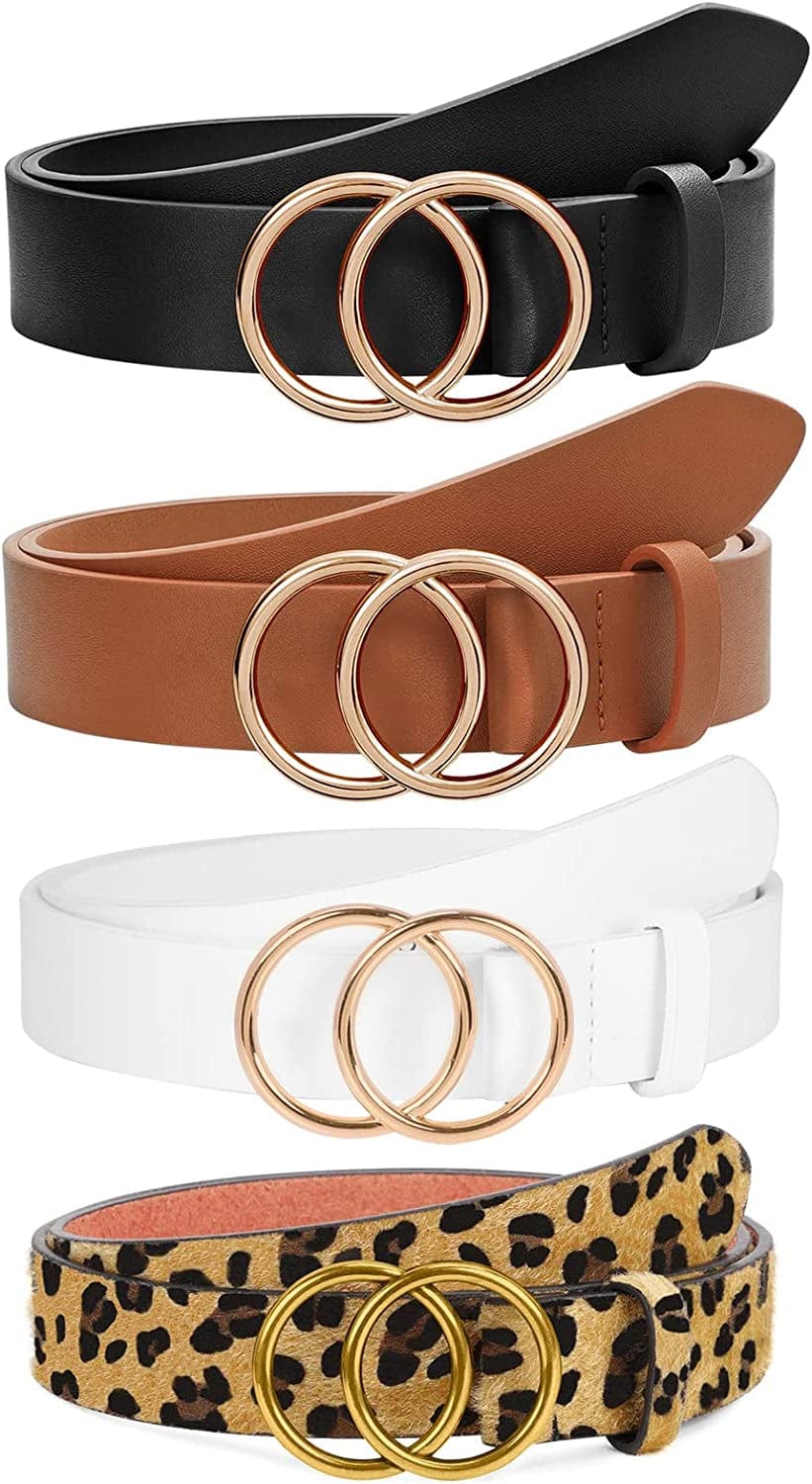 2 Pack Women Leather Belts Faux Leather Jeans Belt with Double O-Ring Buckle Size up to 53 Inch Apparel & Accessories > Clothing Accessories > Belts SANSTHS Q-4 Pack(black+brown+white+leopard) Suit waistline 26"-30" 