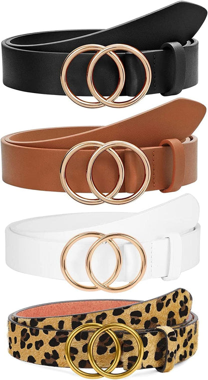 2 Pack Women Leather Belts Faux Leather Jeans Belt with Double O-Ring Buckle Size up to 53 Inch Apparel & Accessories > Clothing Accessories > Belts SANSTHS Q-4 Pack(black+brown+white+leopard) Suit waistline 26"-30" 