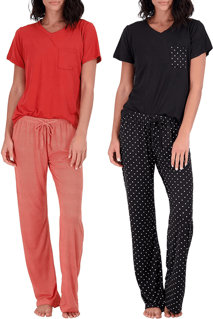 2 Pack: Women’s Pajama Set Super-Soft Short & Long Sleeve Top with Pants Apparel & Accessories > Clothing > Sleepwear & Loungewear > Pajamas Real Essentials Short Sleeve Set D Small 