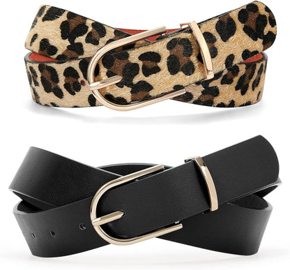 2 Pack Women Soft Faux Leather Waist Belt for Ladies Jeans Dress Chic Belt with Pin Buckle SUOSDEY Fashion Casual Belt Apparel & Accessories > Clothing Accessories > Belts SUOSDEY 07-black+leopard Print M:fits waist from 33" -37" 