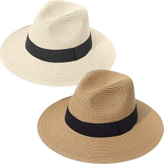 2 Pack Women Straw Hat Panama Wide Brim Roll up Hat Fine Braid Fedora Summer Sun Hat with Wind Lanyard for Beach Travel UPF Apparel & Accessories > Clothing Accessories > Hats 29 IYEBRAO Beige & Khaki  