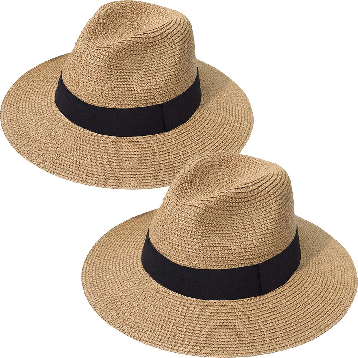 2 Pack Women Straw Hat Panama Wide Brim Roll up Hat Fine Braid Fedora Summer Sun Hat with Wind Lanyard for Beach Travel UPF Apparel & Accessories > Clothing Accessories > Hats 29 IYEBRAO Khaki & Khaki  
