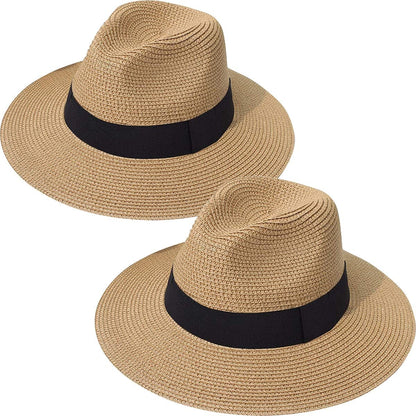 2 Pack Women Straw Hat Panama Wide Brim Roll up Hat Fine Braid Fedora Summer Sun Hat with Wind Lanyard for Beach Travel UPF Apparel & Accessories > Clothing Accessories > Hats 29 IYEBRAO Khaki & Khaki  