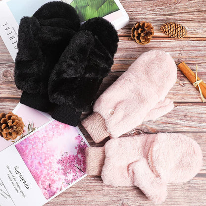 2 Pairs Faux Fur Flip Cover Mittens Winter Warm Fingerless Gloves Soft Half Finger Mittens Faux Fuzzy Lined Wool Convertible Fingerless Gloves for Women Girls, Black and Pink Apparel & Accessories > Clothing Accessories > Gloves & Mittens SATINIOR   