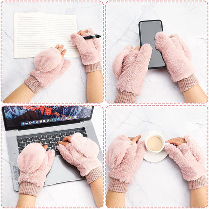 2 Pairs Faux Fur Flip Cover Mittens Winter Warm Fingerless Gloves Soft Half Finger Mittens Faux Fuzzy Lined Wool Convertible Fingerless Gloves for Women Girls, Black and Pink Apparel & Accessories > Clothing Accessories > Gloves & Mittens SATINIOR   