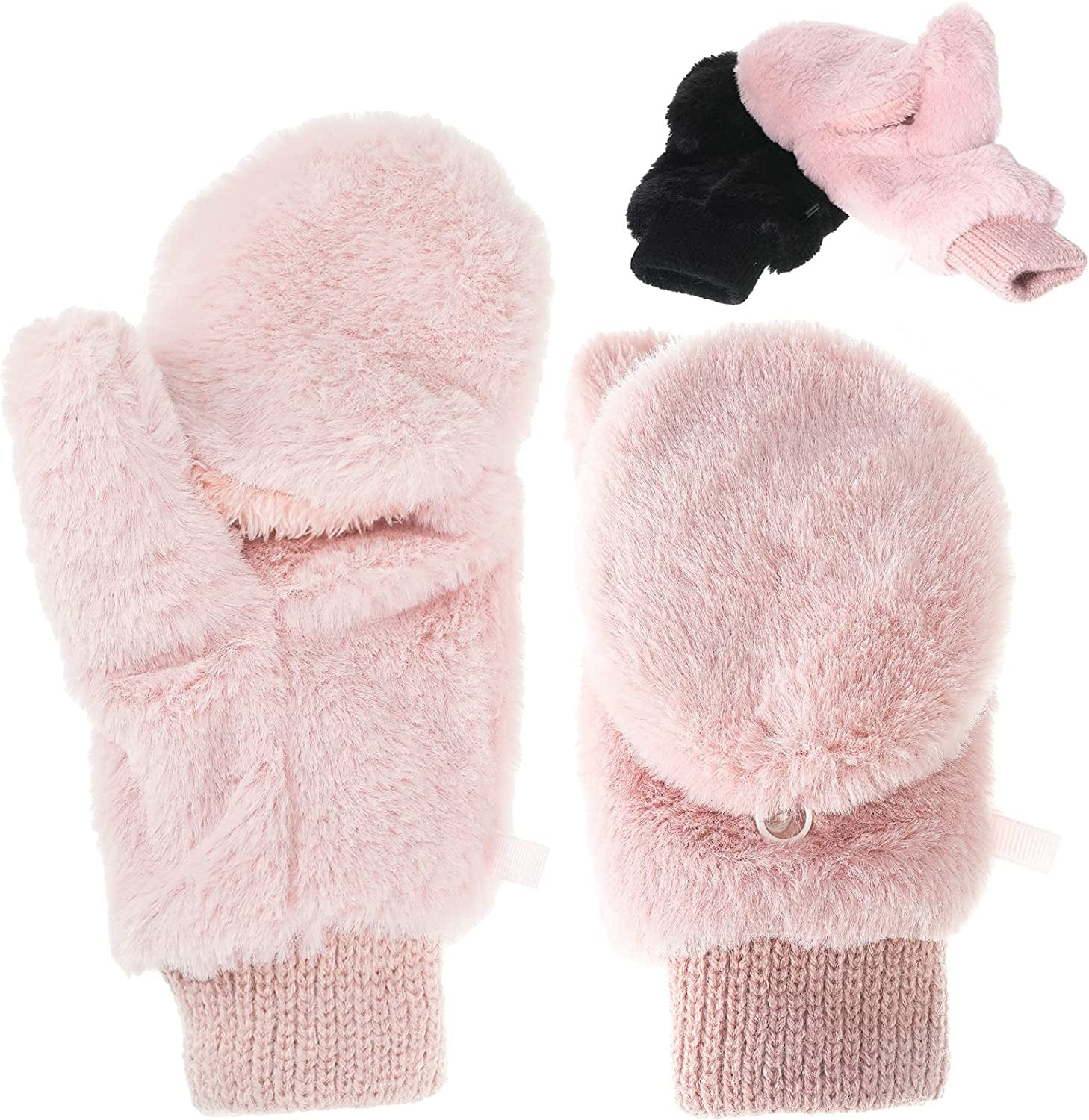 2 Pairs Faux Fur Flip Cover Mittens Winter Warm Fingerless Gloves Soft Half Finger Mittens Faux Fuzzy Lined Wool Convertible Fingerless Gloves for Women Girls, Black and Pink Apparel & Accessories > Clothing Accessories > Gloves & Mittens SATINIOR   