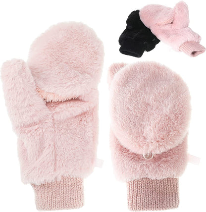 2 Pairs Faux Fur Flip Cover Mittens Winter Warm Fingerless Gloves Soft Half Finger Mittens Faux Fuzzy Lined Wool Convertible Fingerless Gloves for Women Girls, Black and Pink Apparel & Accessories > Clothing Accessories > Gloves & Mittens SATINIOR   