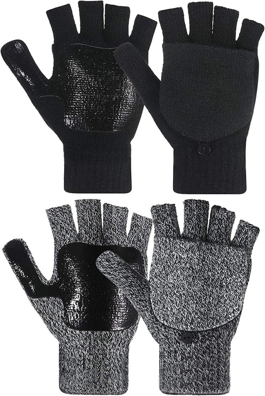 2 Pairs Winter Knitted Half Finger Gloves Fingerless Flap Cover Wool Gloves Convertible Mittens Apparel & Accessories > Clothing Accessories > Gloves & Mittens Geyoga   