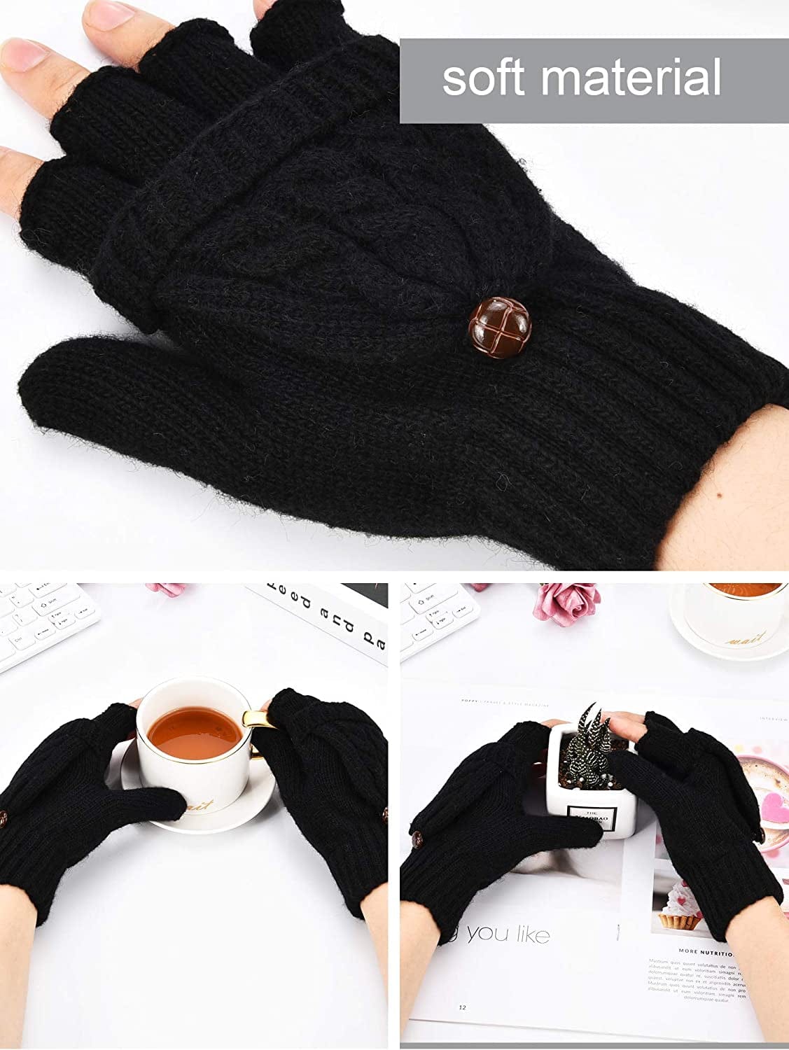 2 Pairs Women'S Winter Fingerless Gloves Winter Knitted Mittens Convertible Gloves with Buttoned Thumb Cover (Style Set 1) Apparel & Accessories > Clothing Accessories > Gloves & Mittens Bememo   