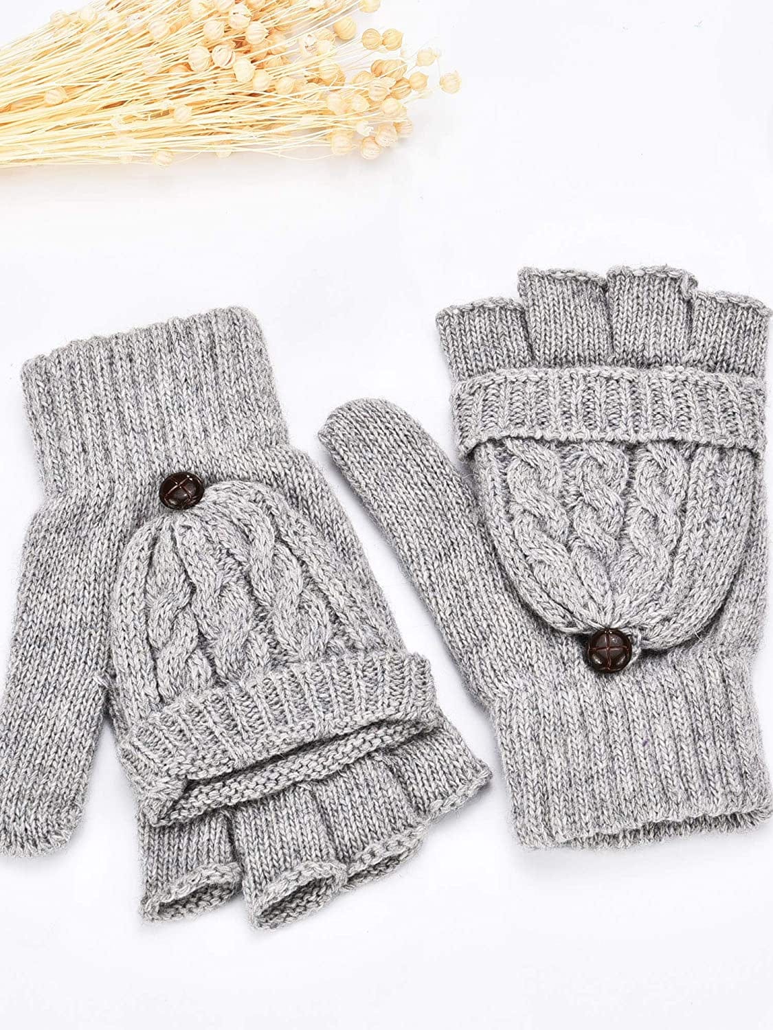 2 Pairs Women'S Winter Fingerless Gloves Winter Knitted Mittens Convertible Gloves with Buttoned Thumb Cover (Style Set 1) Apparel & Accessories > Clothing Accessories > Gloves & Mittens Bememo   